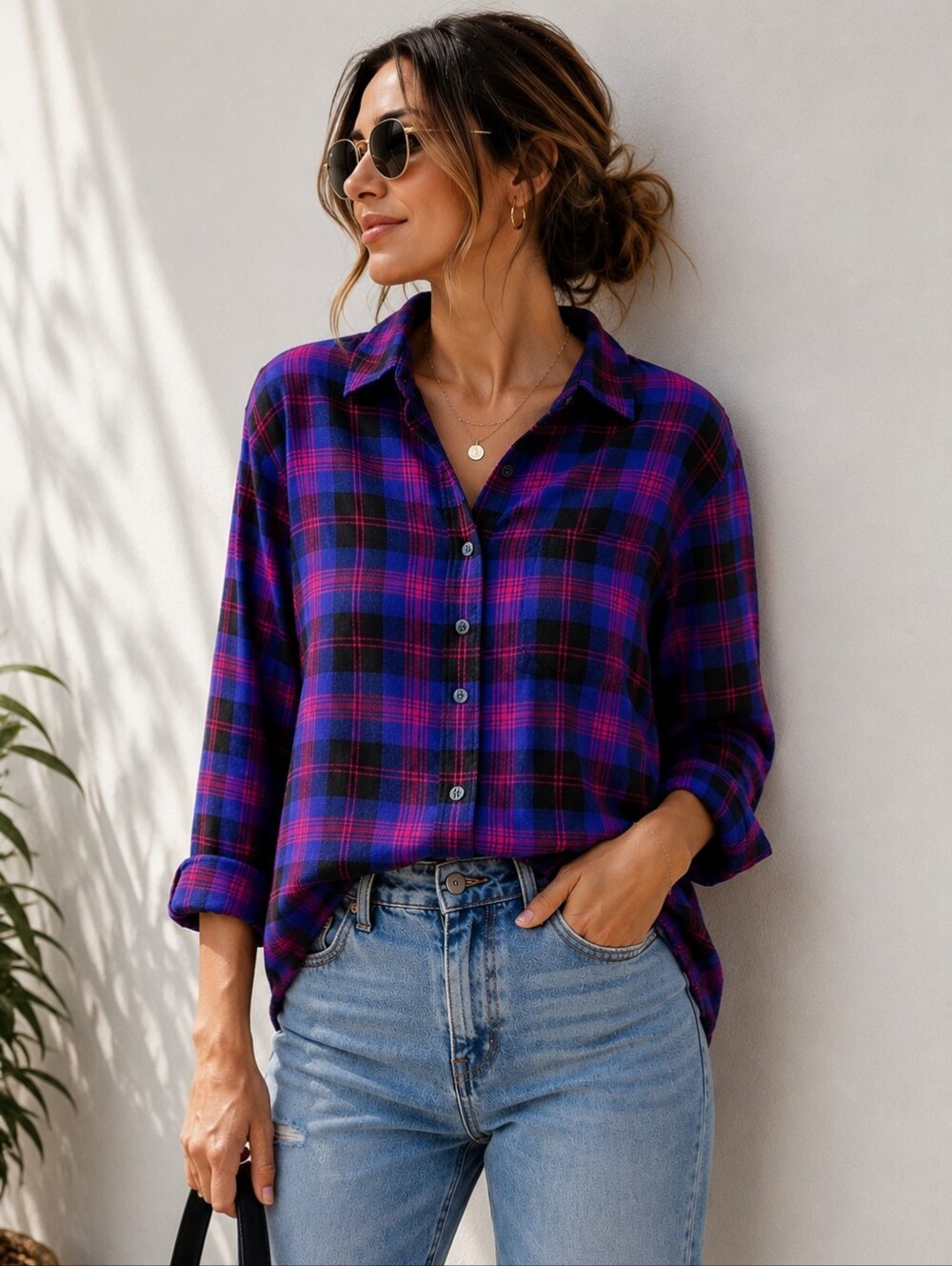 L.L.Bean | Women's Purple Plaid Button-Up Shirt, Size M